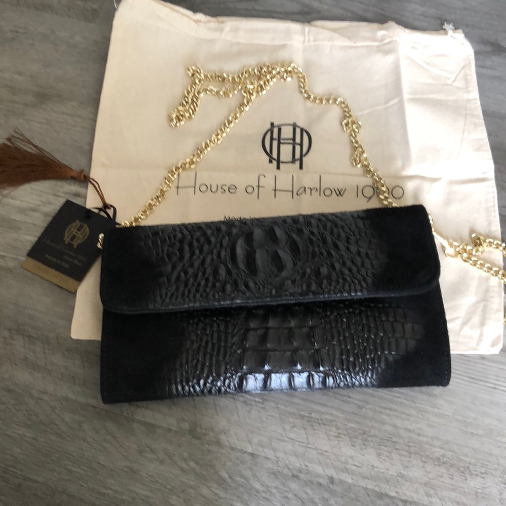 House of Harlow 1960 Black Leather & Suede Croc Embossed Clutch Shoulder Bag NWT